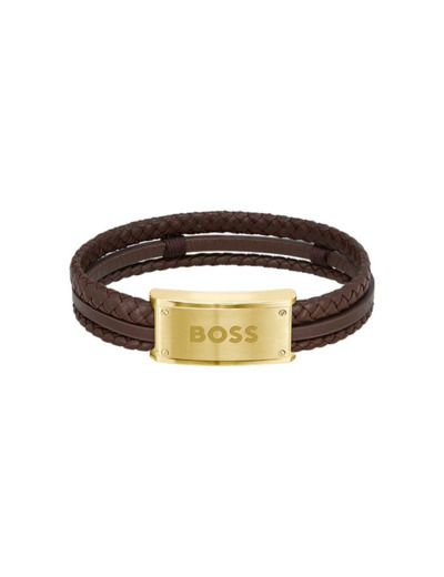 Bracelet BOSS Galen en métal doré et cuir marron, taille XL