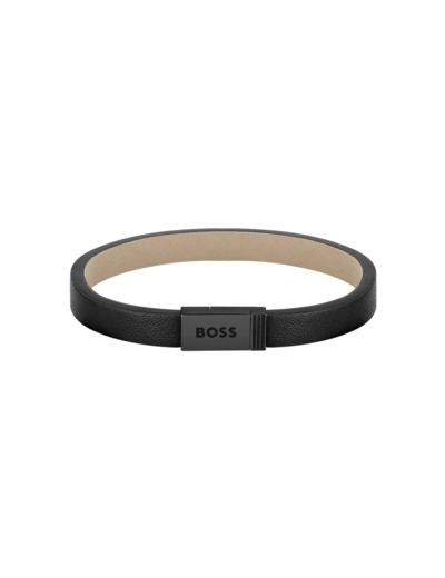 Bracelet BOSS Jace en acier PVD noir et cuir noir, taille S