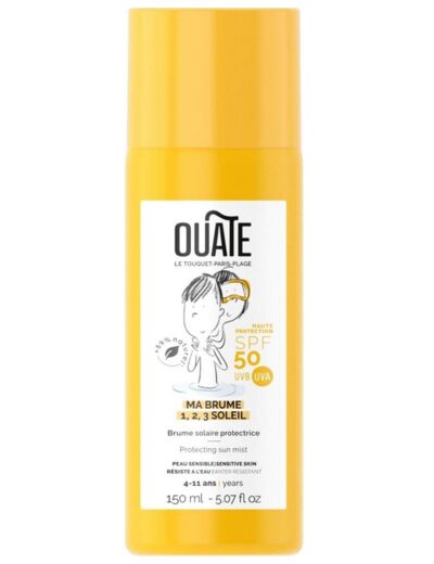 OFFRE 2+1 OUATE - Ma Brume 1,2,3 Soleil - Protection Solaire SPF50 pour Enfants - 4-11 Ans - Visage et Corps - Tiaré/Pêche/Ylang -Ylang/Jasmin - 89% Ingrédients d'Origine Naturelle - Made in France - 150 ml