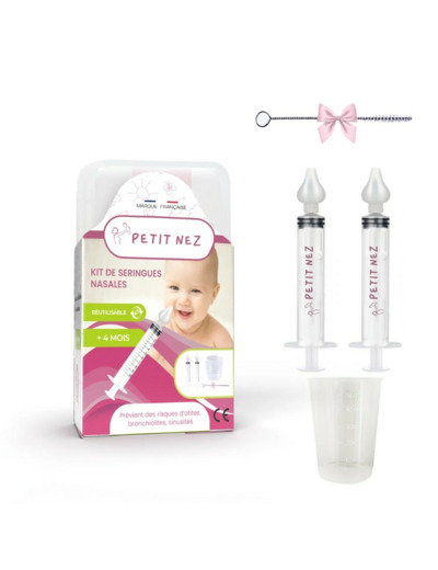 KIT 2 SERINGUES NASALES + RECIPIENT + BROSSE NETTOYAGE  "PETIT NEZ"