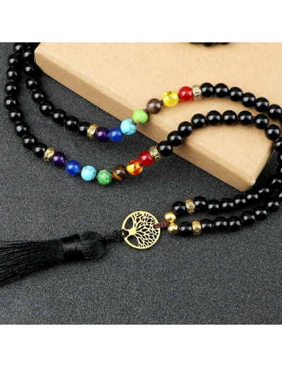 Collier onyx noir avec Arbre de Vie & 7 chakras