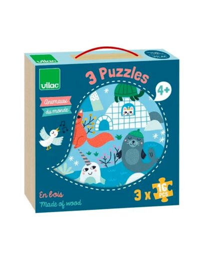 Coffret en bois de 3 puzzles évolutifs Animaux Du Monde - Vilac - 8530