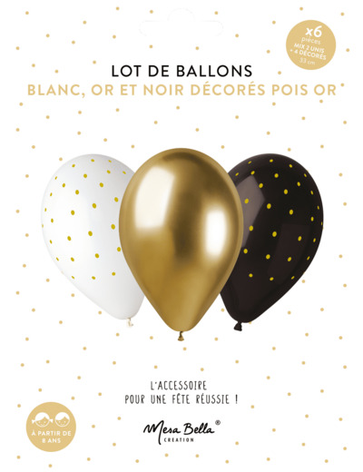 LOT DE 6 BALLONS ASSORTIS NOIR POIS BLANC/BLANC POIS OR/OR